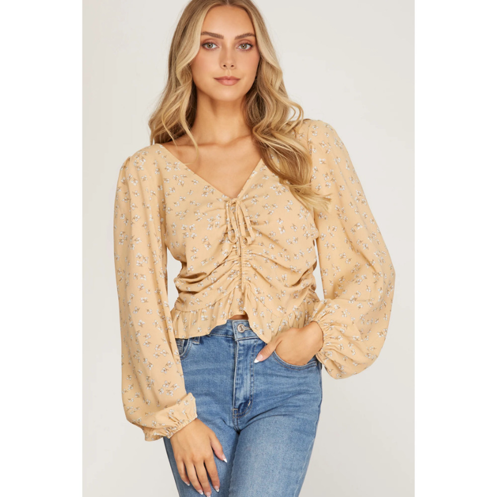 Yellow Ruched Peplum Floral Top Long Sleeve Top Size Large - Picture 5 of 6